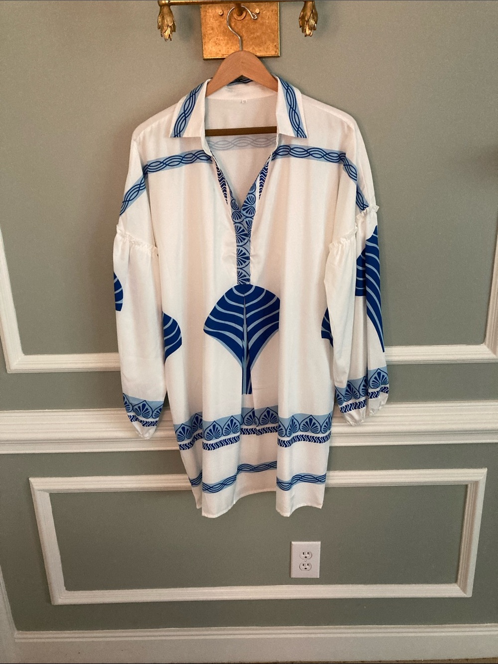 White & Blue Printed Casual Tunic  Dress